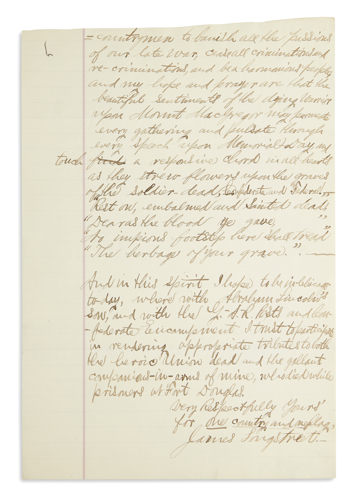 JAMES LONGSTREET. Autograph Letter Signed, to schoolmaster Albert L. Bacheller, declining to write a new speech...
